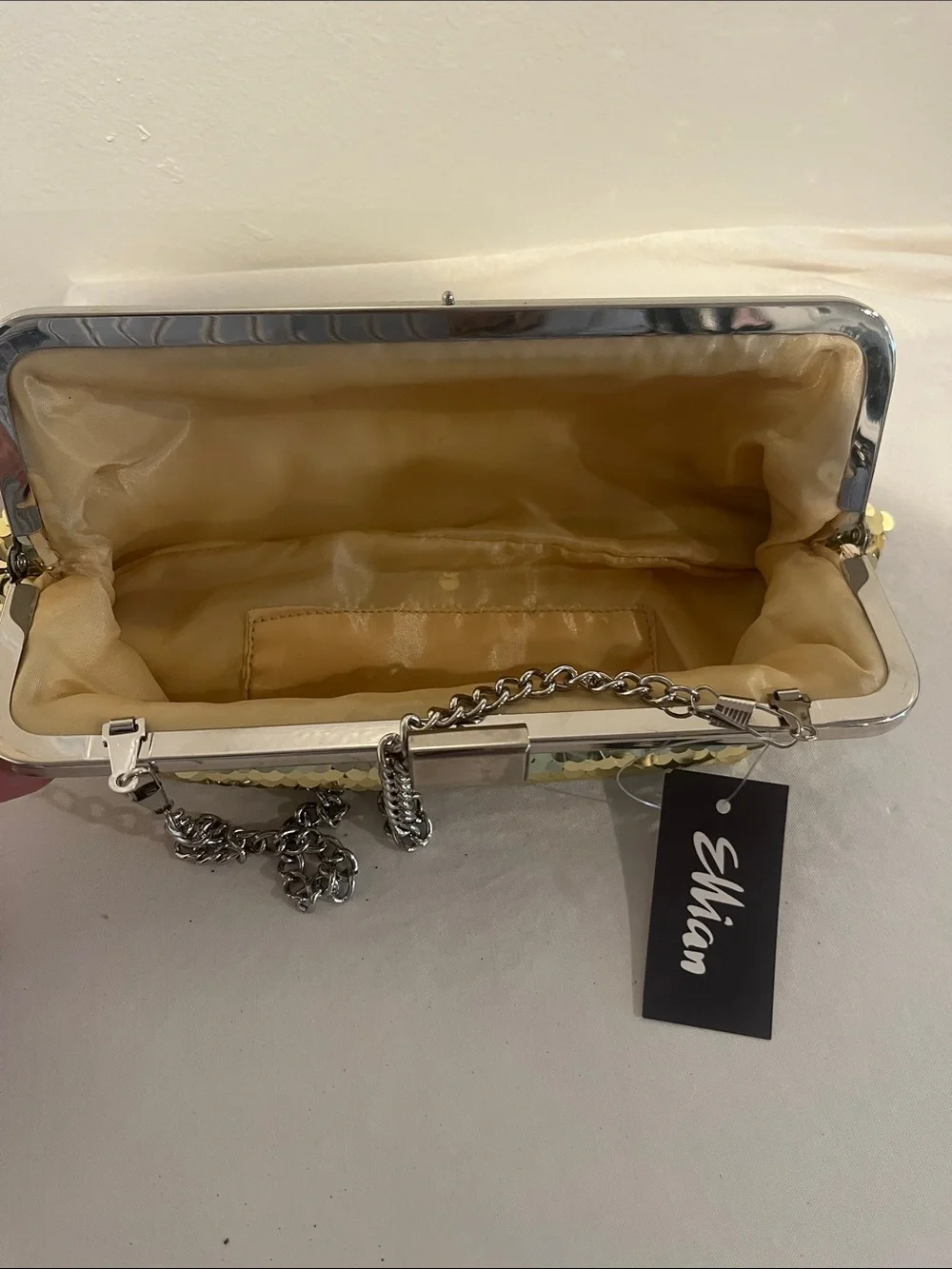 Gold Sequin Evening Clutch with Silver Frame